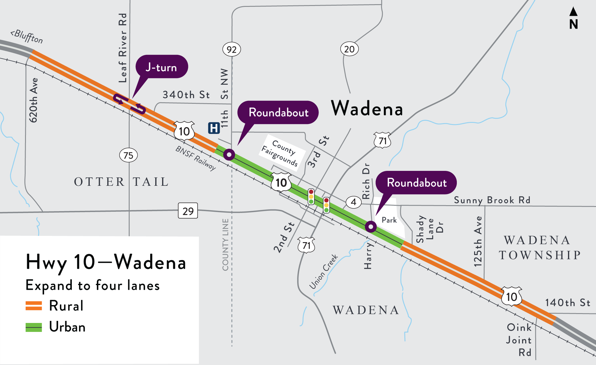 Hwy 10 project map location west to east of the city of Wadena