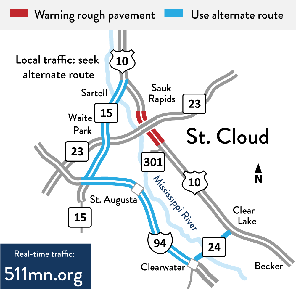 Map of alternate route for Hwy 10 via Hwy 15, I-94 and Hwy 24.