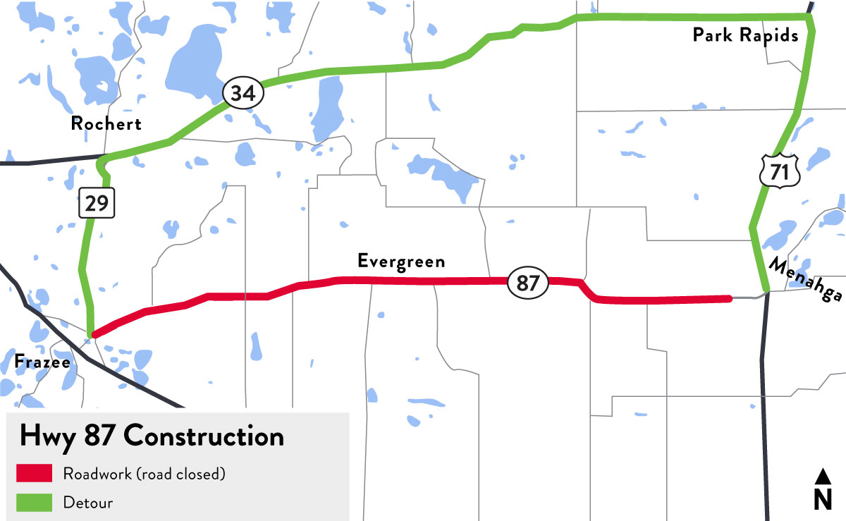 Hwy 55 project map Map shows Highway 87 closed between Frazee and the Becker/Wadena County Line, just west of Menahga. Detour follows CR 29, Hwy 34 and Hwy 71.