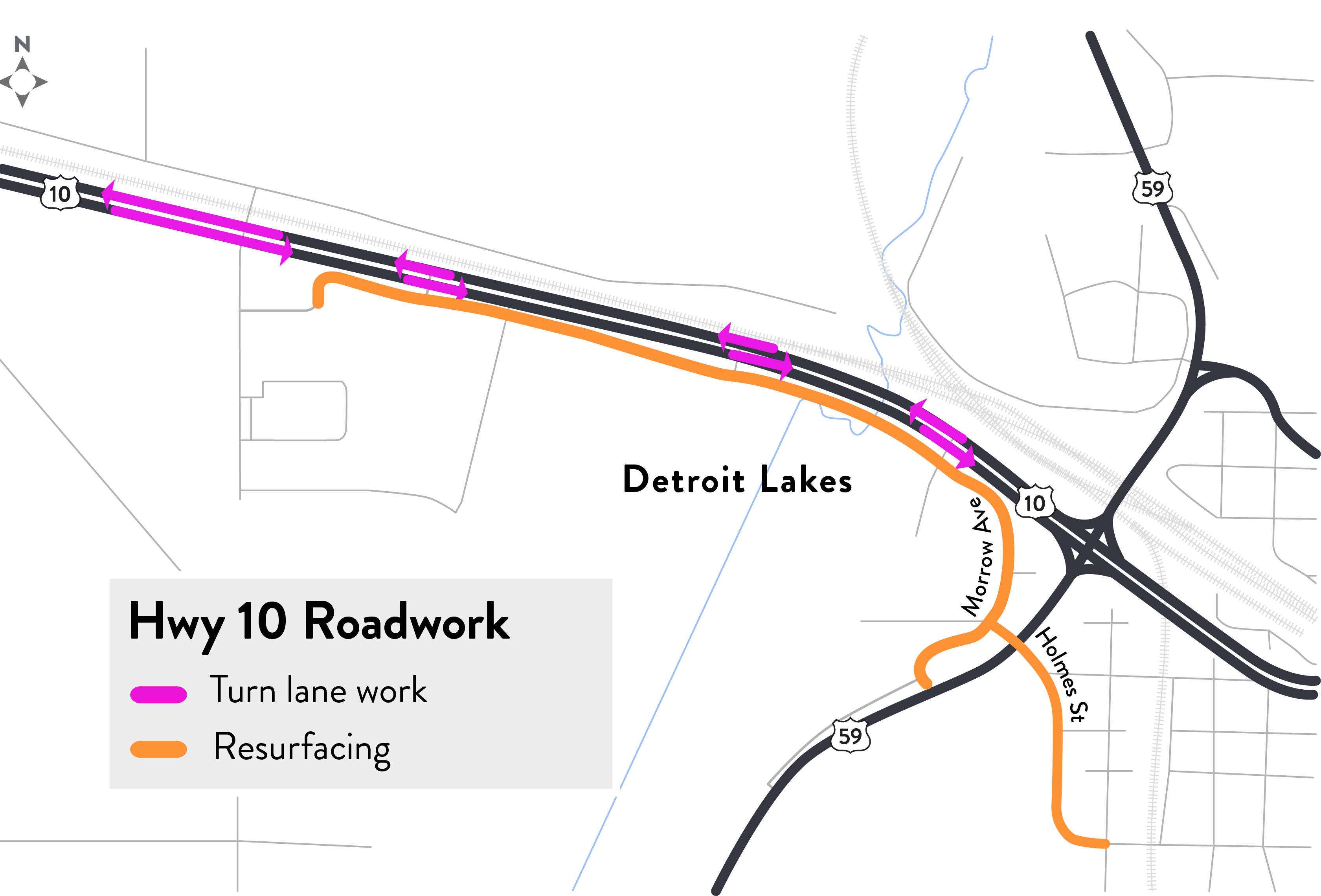 Map shows turn lane locations on Hwy 10 and frontage road work zone