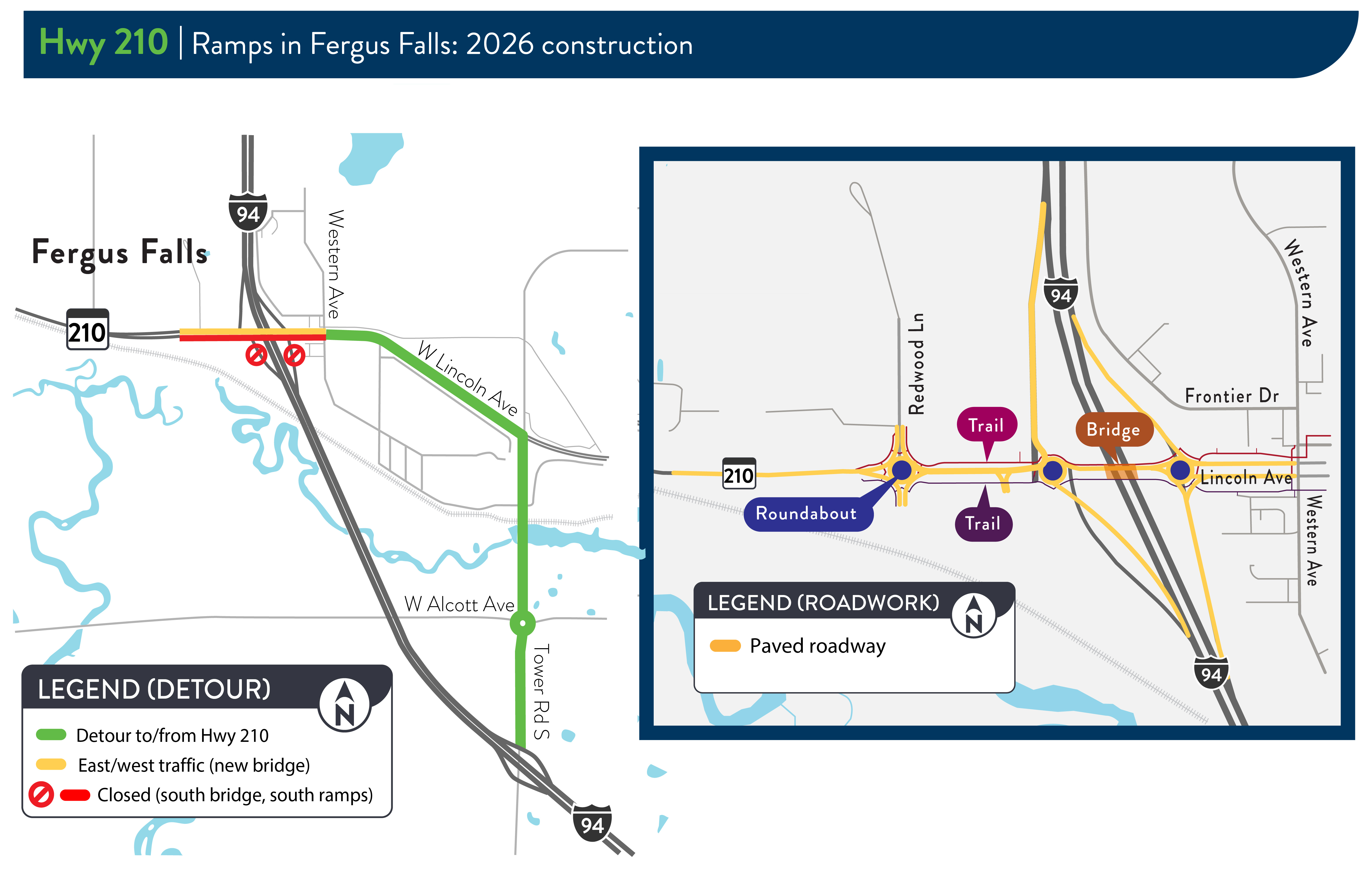 Map of the west junction of Highway 210 and I-94. Shows detour route to Exit 55 and project elements including three roundabouts, one at Redwood Lane and two at the on and off ramps also shows trail on both sides of the new bridge