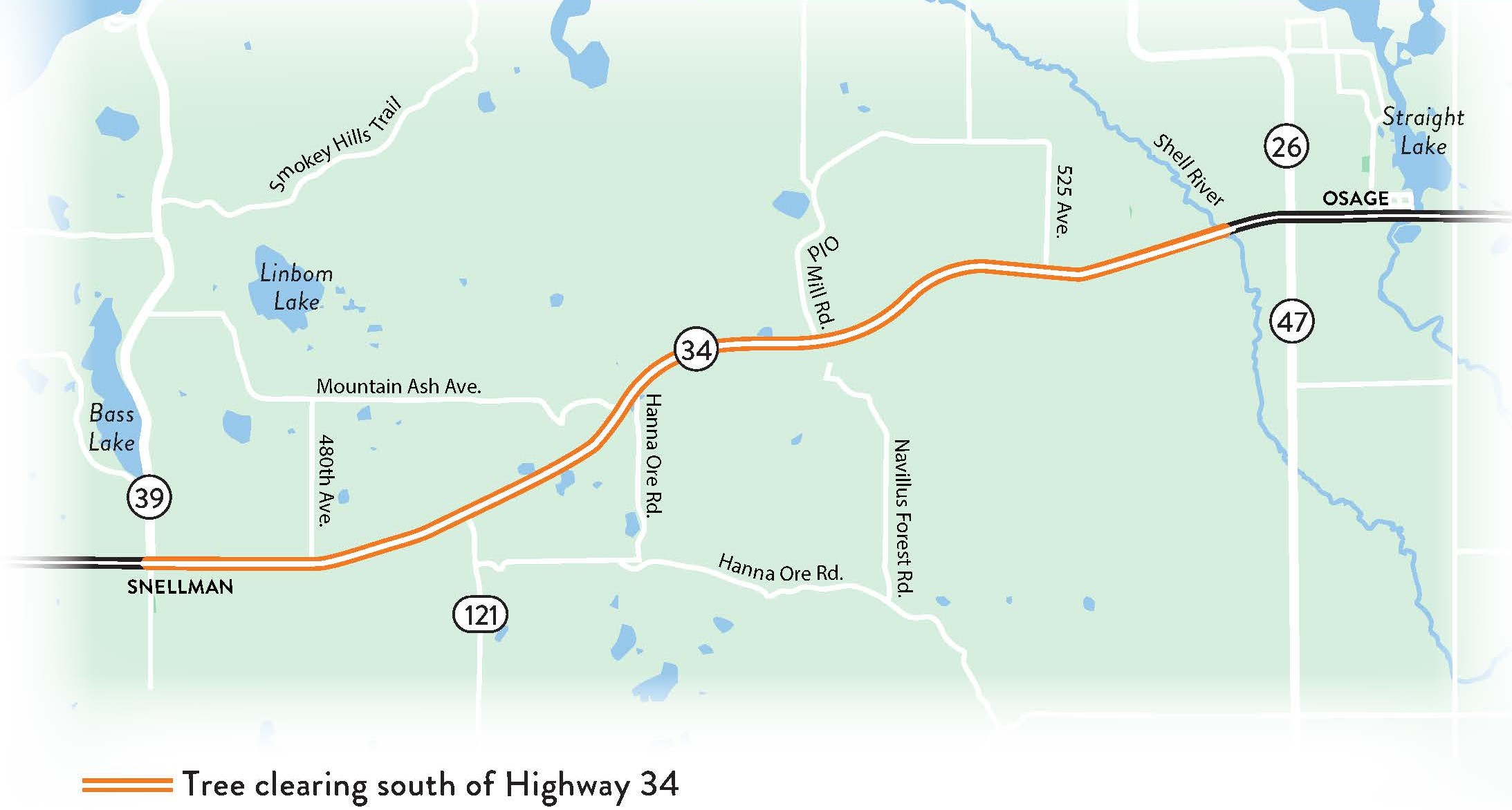 Map of tree clearing south of Highway 34