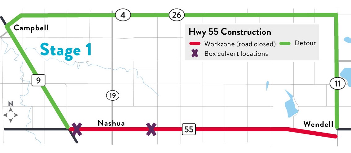 Map shows Highway 55 closed between Wendell and Hwy 9.