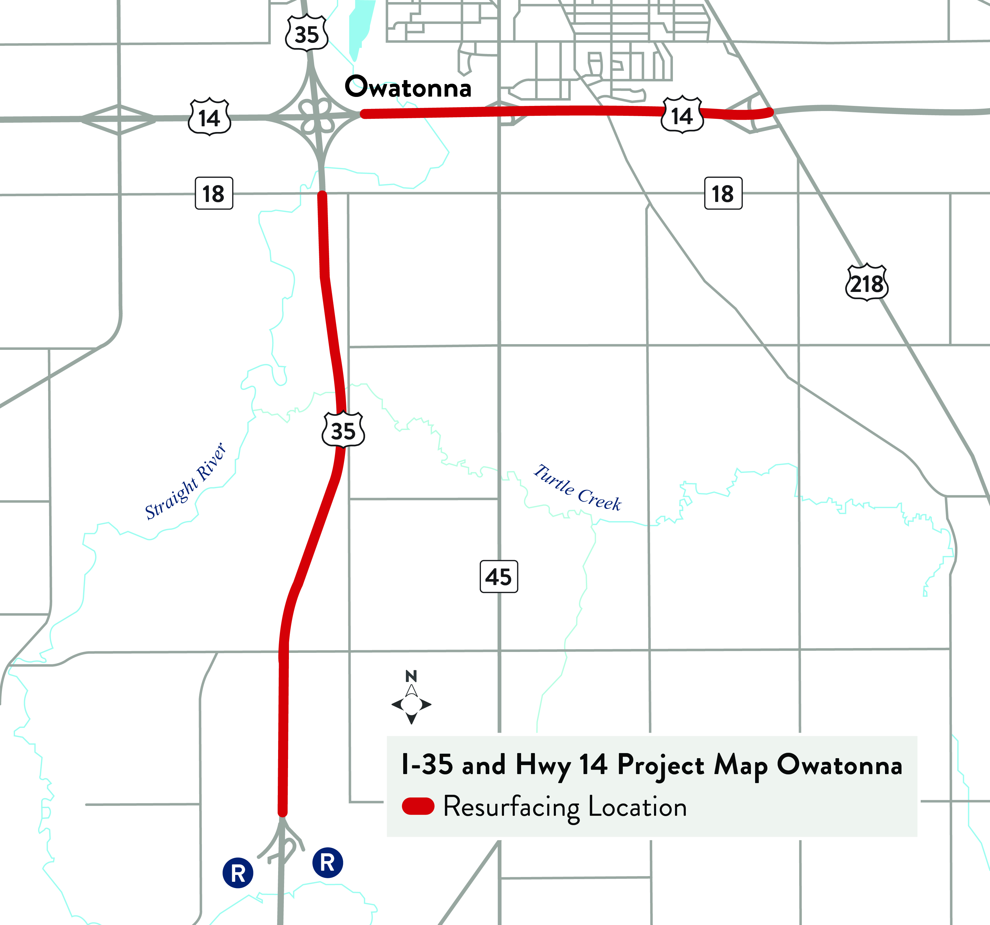 Map of I-35 and Highway 14 project area