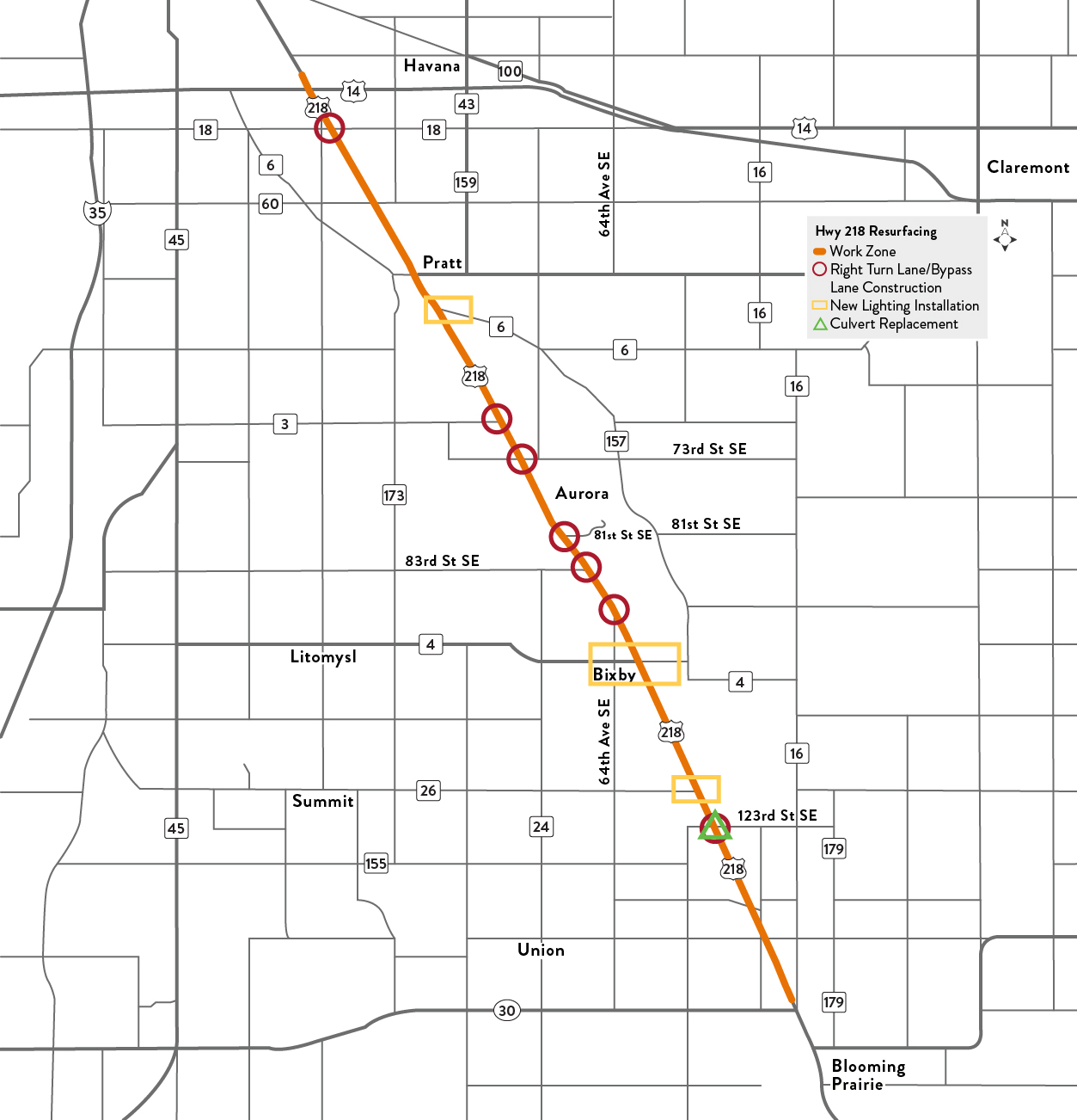Map of project work on Hwy 218