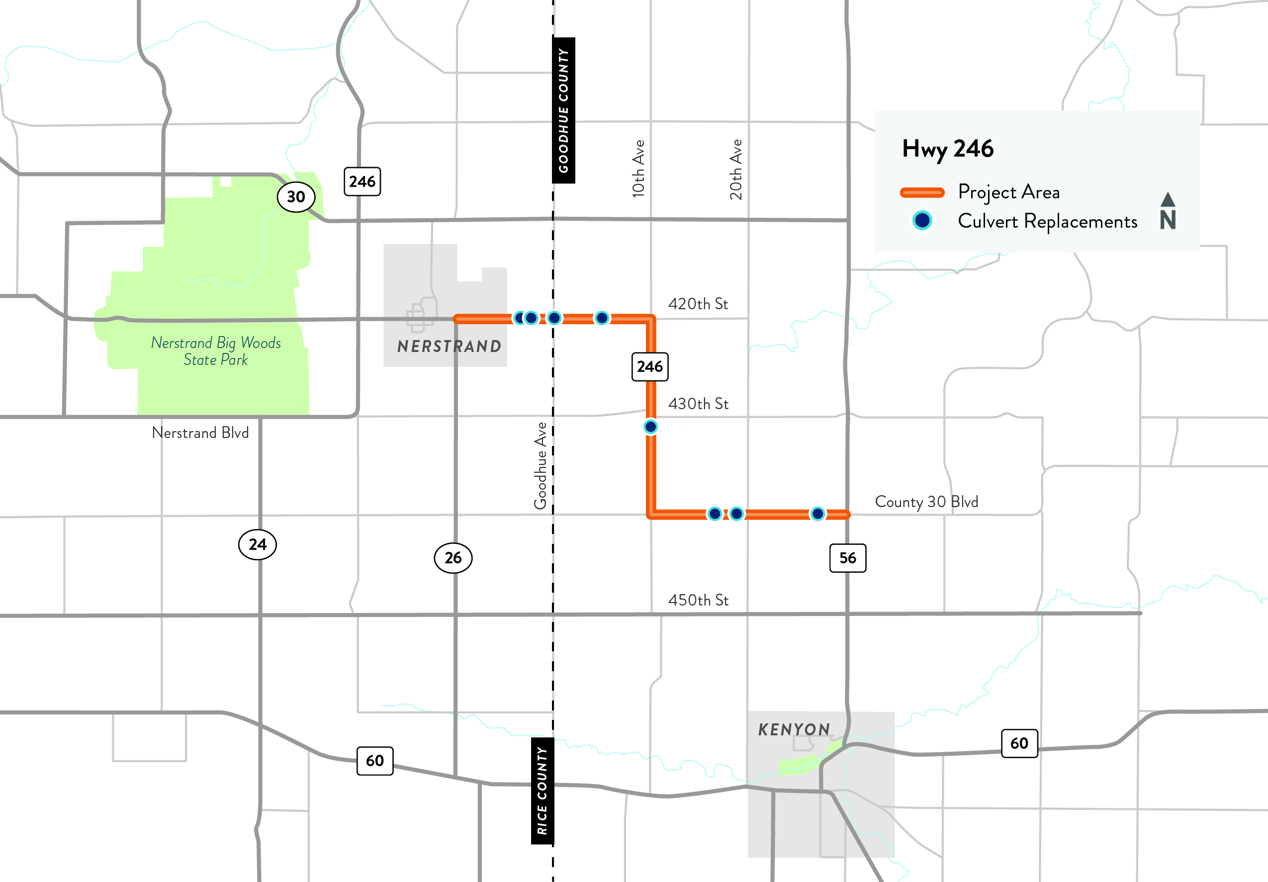 Map of project area highlighted in orange and blue dots for culvert replacements