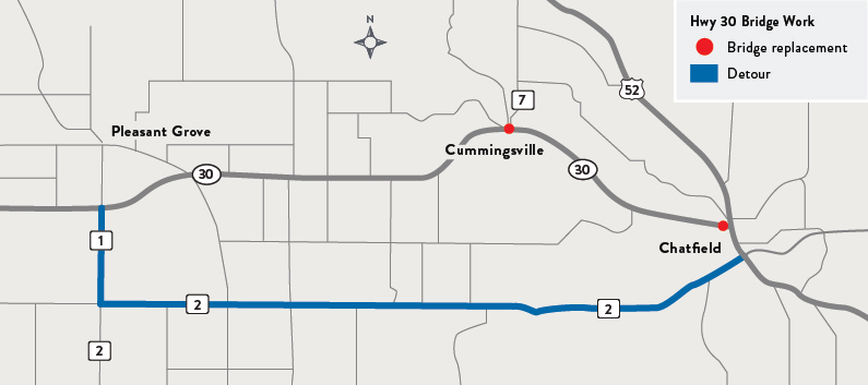 Map of bridges on Hwy 30 in Chatfield