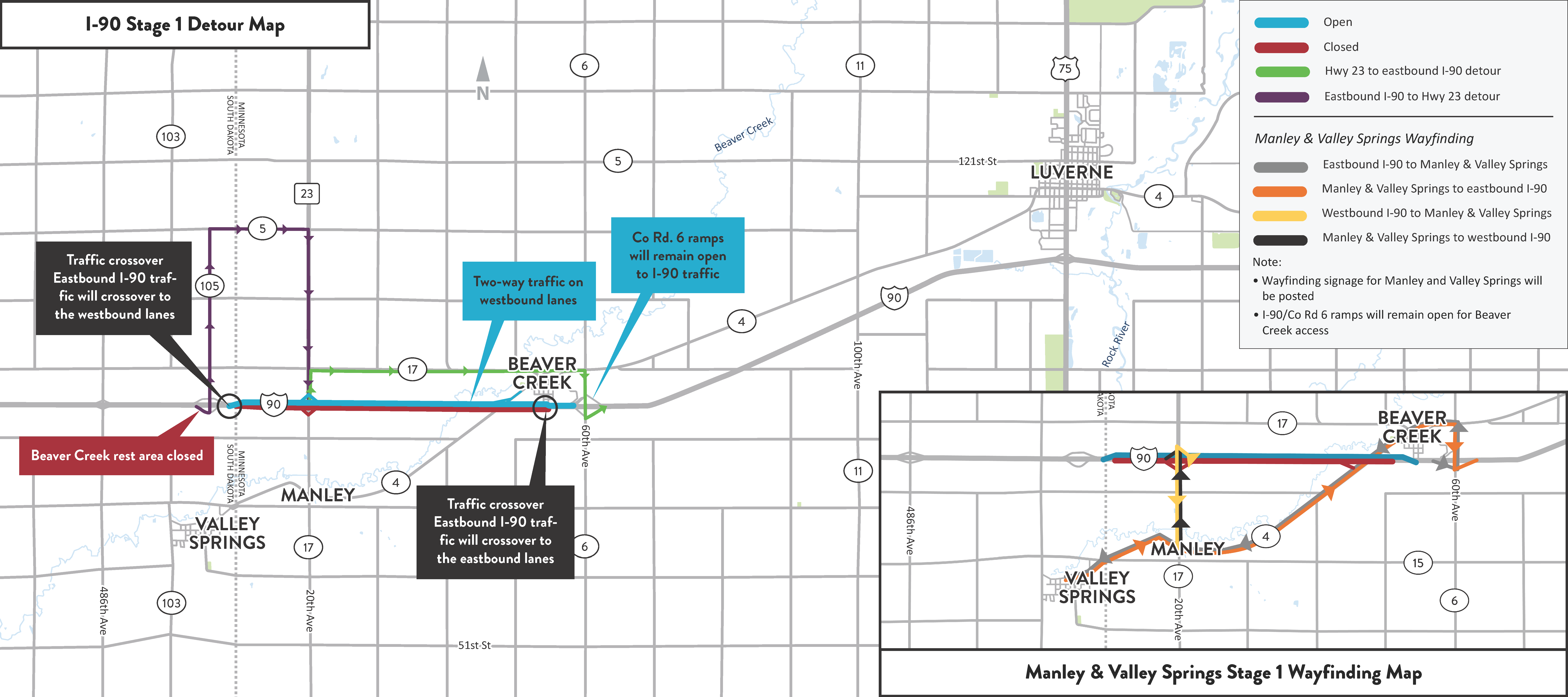 I-90 South Dakota to Luverne detour maps