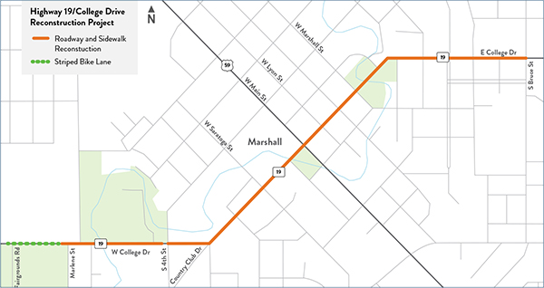 map of Hwy 19/College Dr. project showing work zone areas