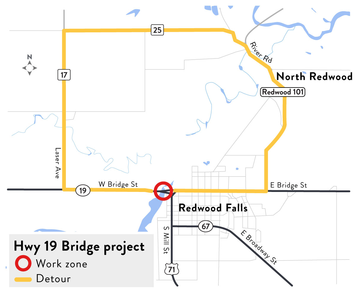 Hwy 19 Redwood Falls bridge repair project map map of Hwy 19 Redwood Falls bridge project detour route