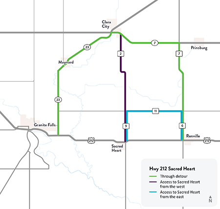 Hwy 212 detour map with access routes to Sacred Heart