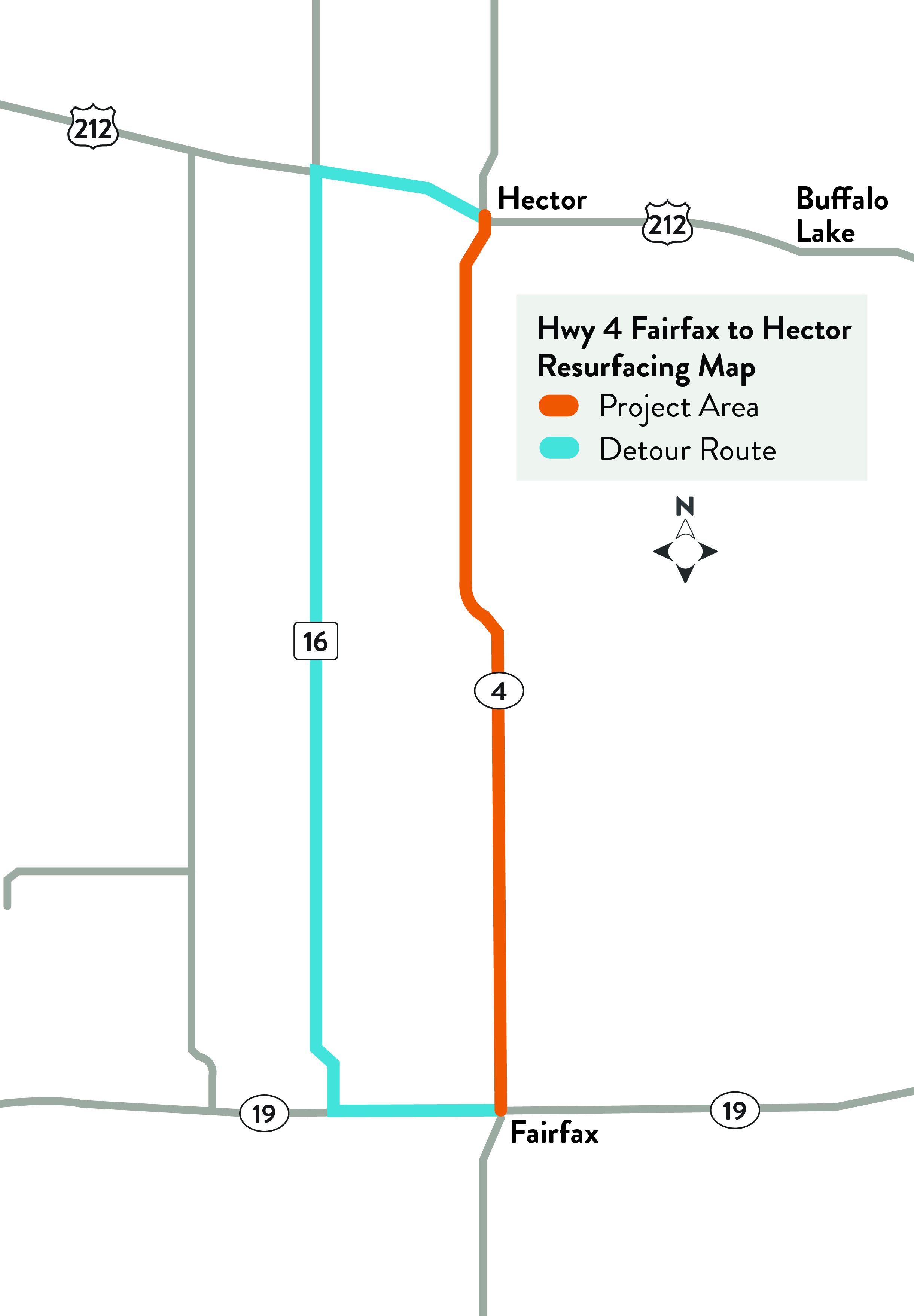 Hwy 4 Hector to Fairfax project area and detour route