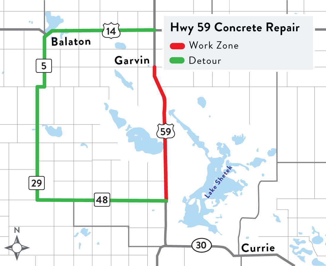 Hwy 59 concrete repair work zone and detour south of Garvin
