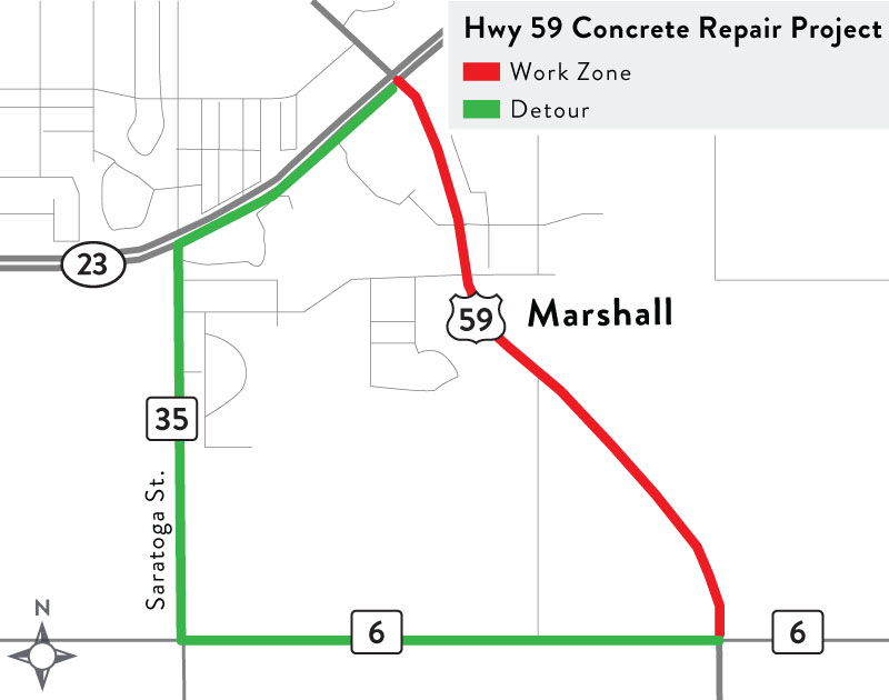 Hwy 59 detour and work zone south of Marshall