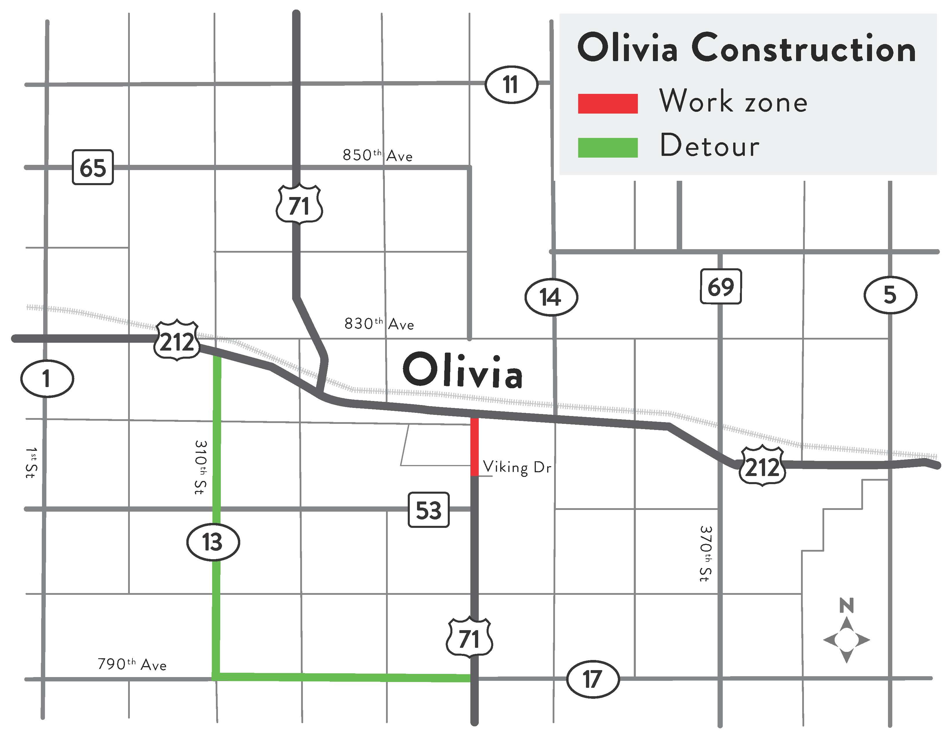 Map of Hwy 71 work zone in Olivia with area from Viking Drive to Hwy 212. Map also includes the detour.