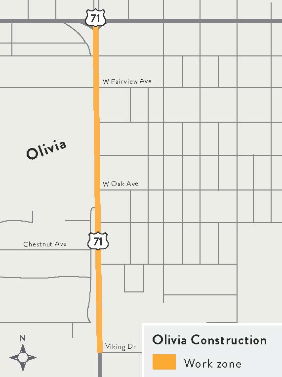 Map of Hwy 71 work zone in Olivia with area from Viking Drive to Hwy 212