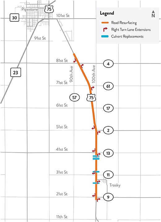 Hwy 75 Trosky to Pipestone work zone map Hwy 75 work zone map showing culvert and turn lane installations