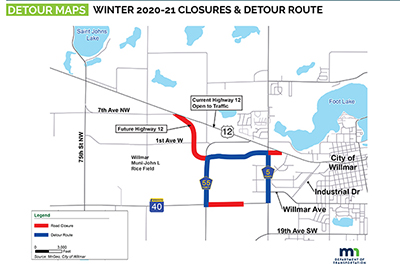Hwy 40 Detour Map for Willmar Wye project Hwy 40 detour uses CR 55, new US 12 and CR 5.