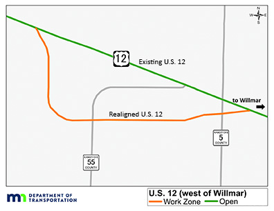 Work zone map for Hwy 12 map of Hwy 12 showing road open during most of 2020 and work zone of realignment of Hwy 12