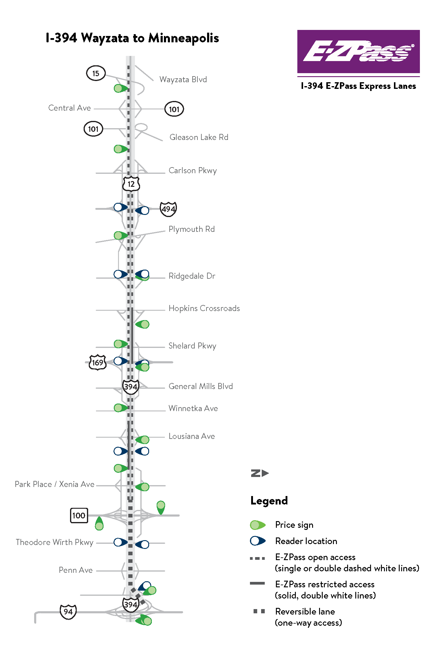 I-394 E-ZPass express lane map from Wayzata to Minneapolis