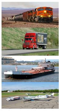 Collage featuring a train, a truck, a barge and an airplane.