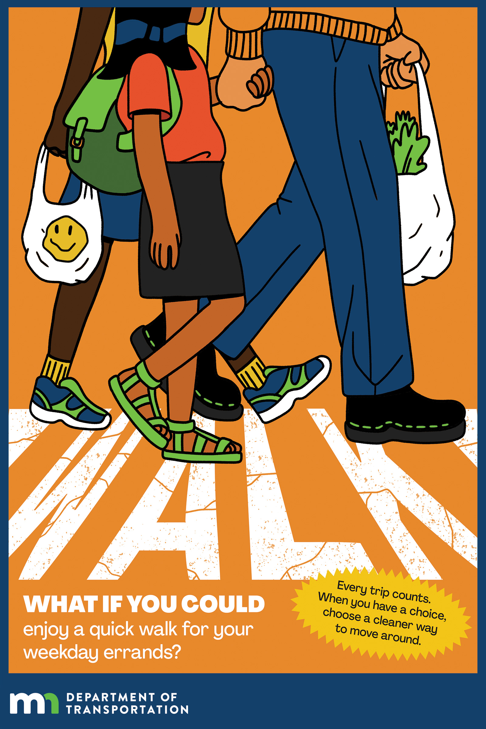 Illustration by graphic designer Noah Lawrence-Holder, as part of the What if You Could poster campaign. Image is of a family walking across a crosswalk with the text What if you could enjoy a quick walk for your weekday errands?
