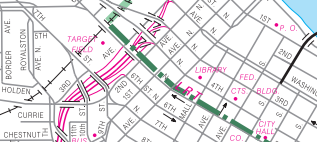 Computer-aided design map of downtown Minneapolis. The Geographic Information & Mapping and Basemap Sections are responsible for maintaining core Computer-aided design and Geographic Information Systems data for the Minnesota Department of Transportation.