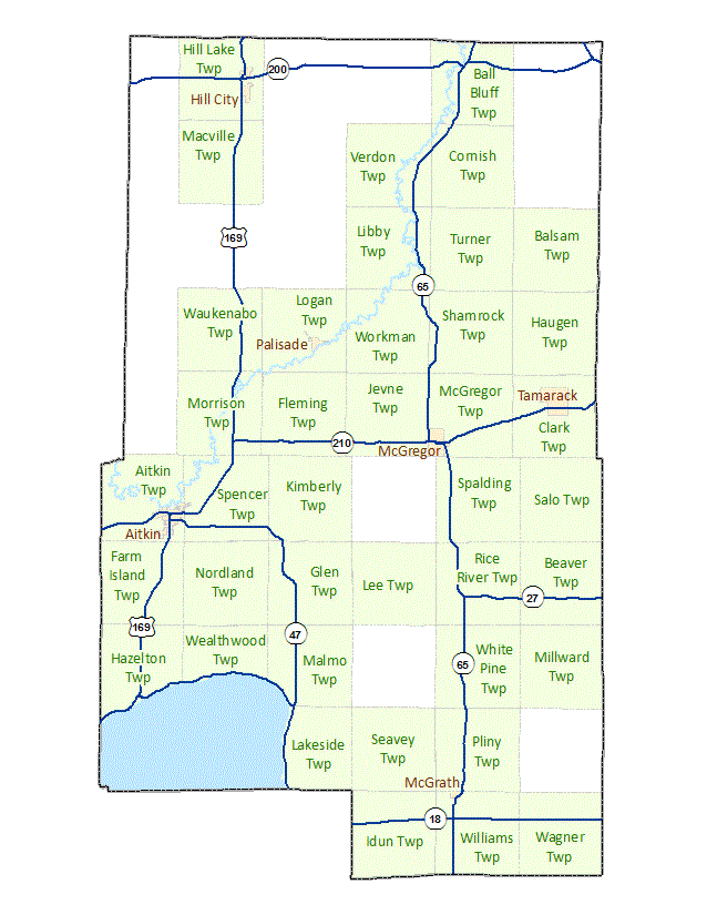 Aitkin County image map with links to city and township maps