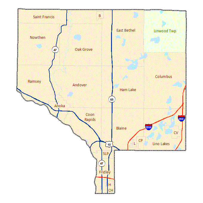 Anoka County image map with links to city and township maps