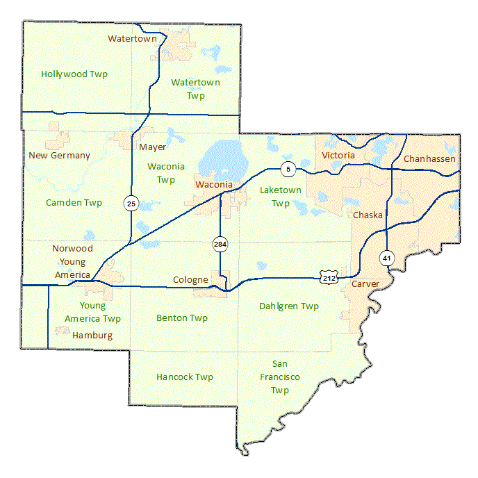 Carver County image map with links to city and township maps