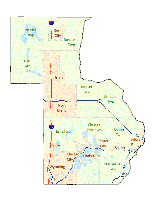 Chisago County image map with links to city and township maps