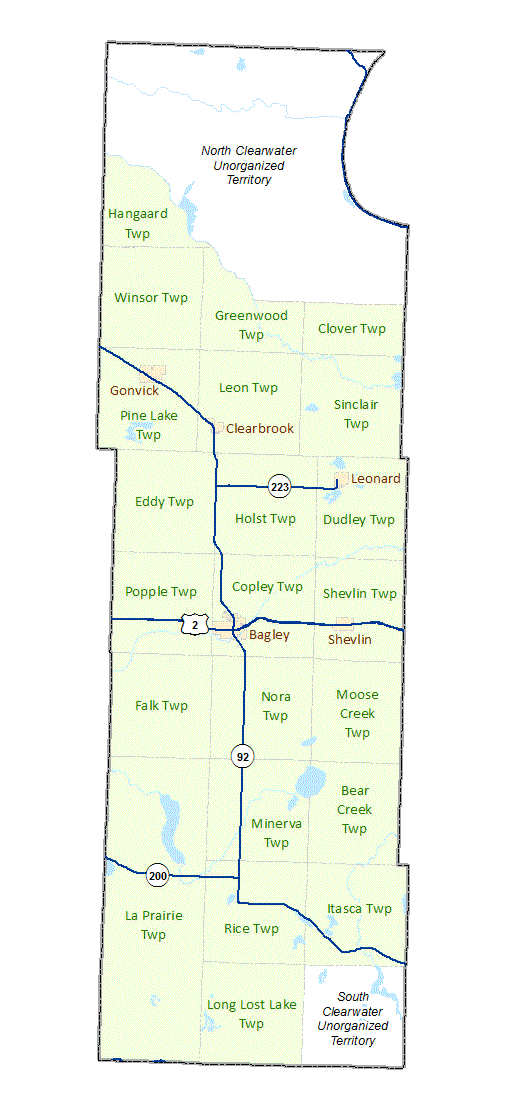 Clearwater County image map with links to city and township maps
