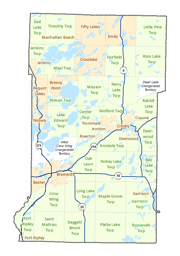 Crow Wing County image map with links to city and township maps