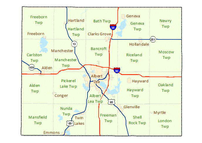 Freeborn County image map with links to city and township maps