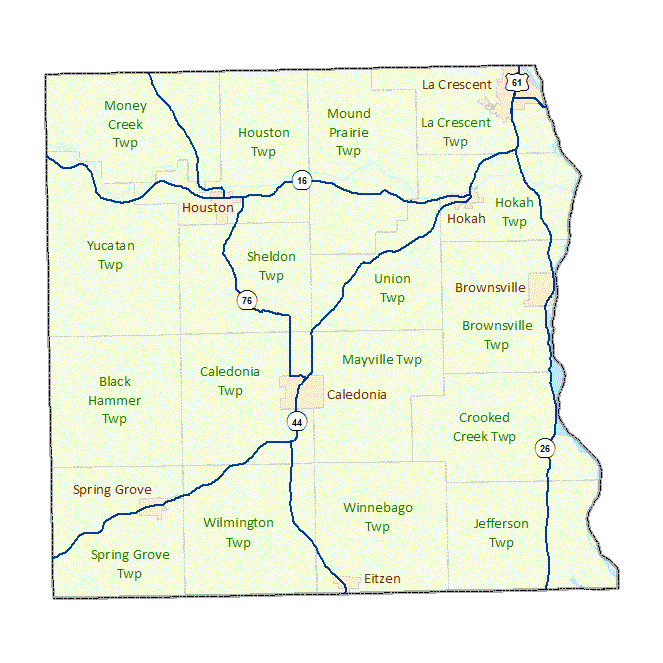 Houston County image map with links to city and township maps