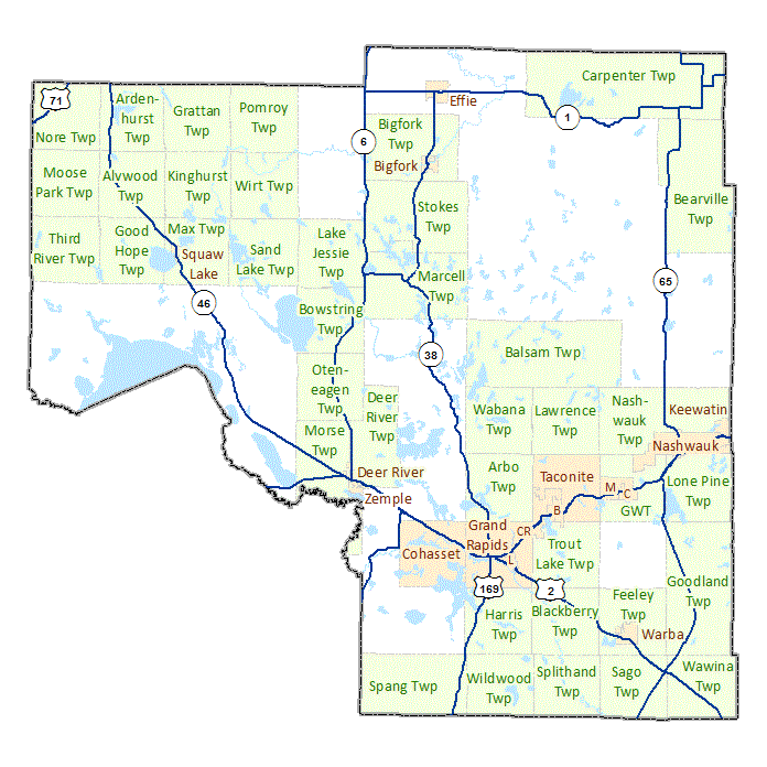 Itasca County image map with links to city and township maps