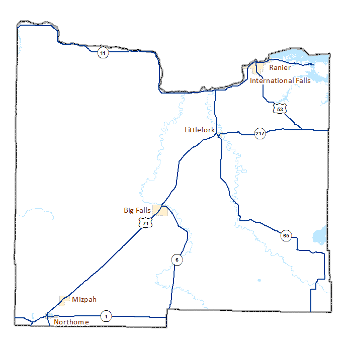 Koochiching County image map with links to city and township maps