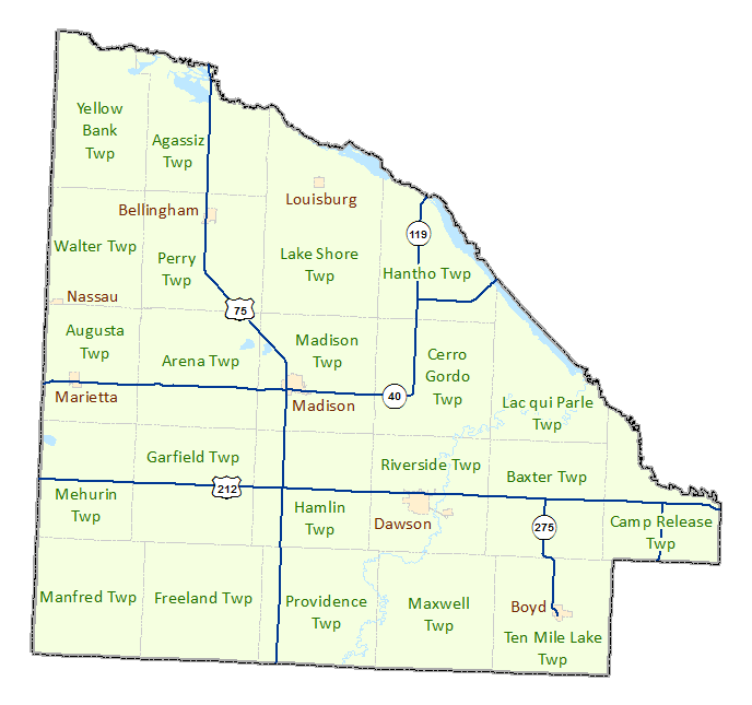 Lac qui Parle County image map with links to city and township maps