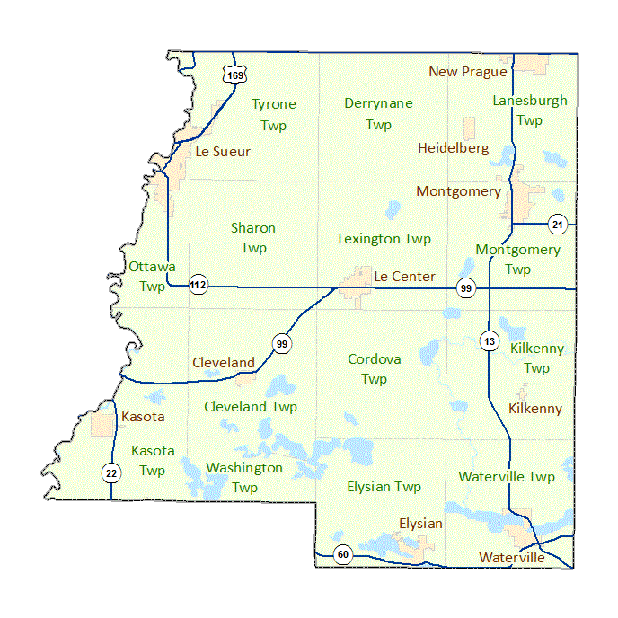 Le Sueur County image map with links to city and township maps