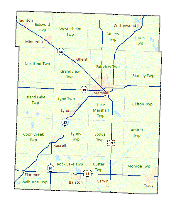 Lyon County image map with links to city and township maps