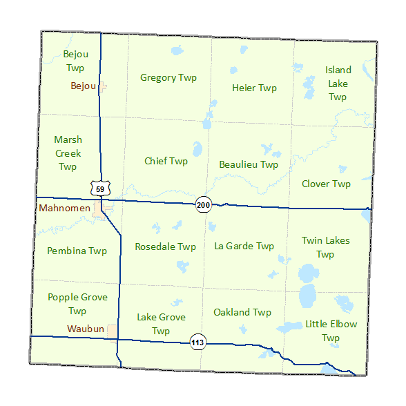 Mahnomen County image map with links to city and township maps