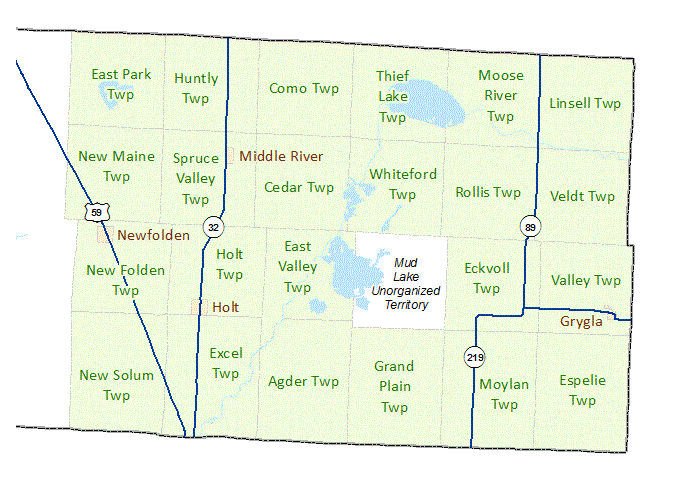 Marshall County (East) image map with links to city and township maps