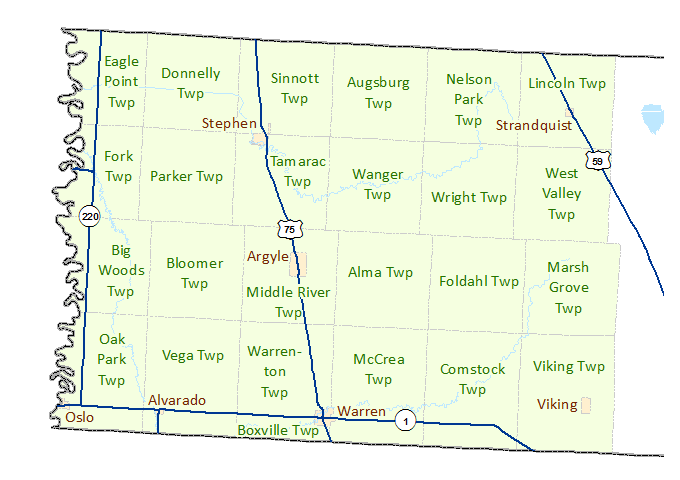 Marshall County (West) image map with links to city and township maps
