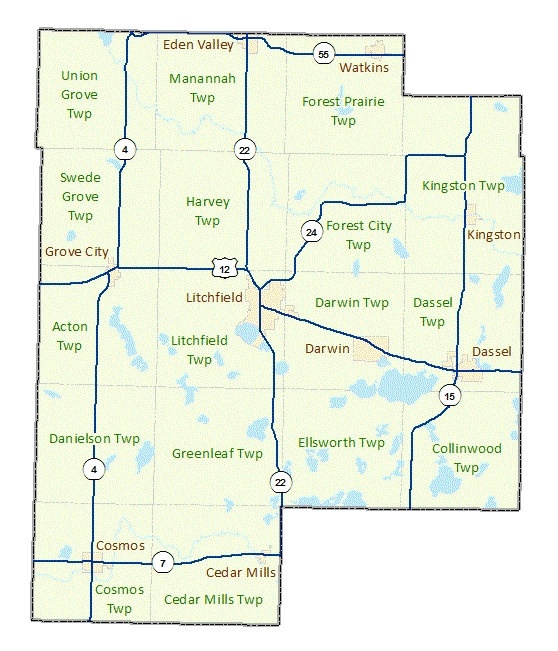 Meeker County image map with links to city and township maps