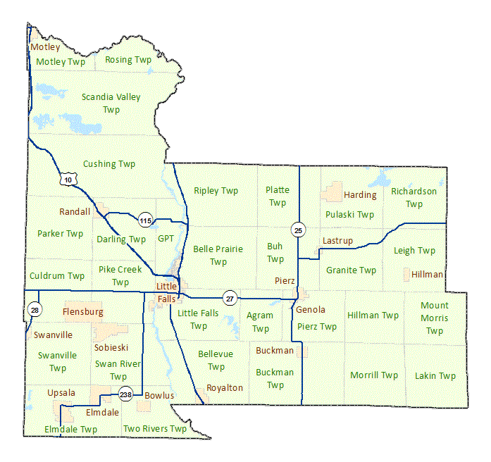 Morrison County image map with links to city and township maps