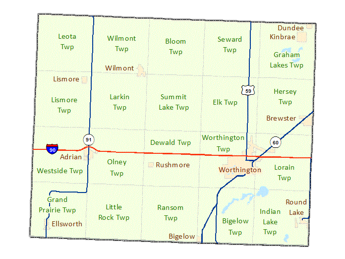 Nobles County image map with links to city and township maps