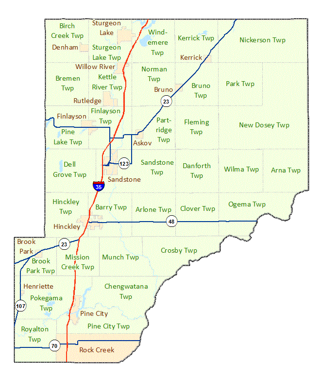Pine County image map with links to city and township maps