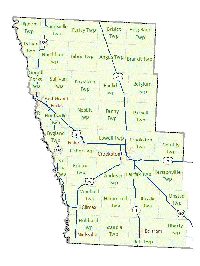 Polk County (West) image map with links to city and township maps