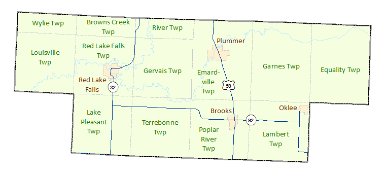 Red Lake County image map with links to city and township maps