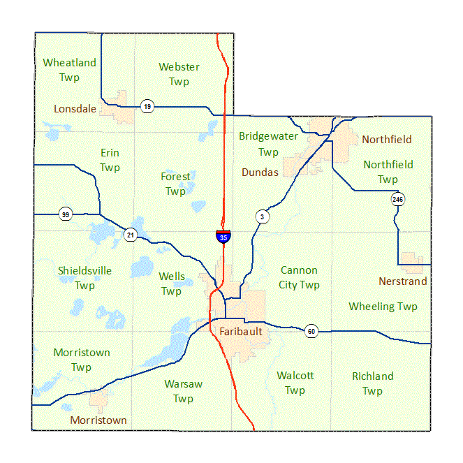 Rice County image map with links to city and township maps
